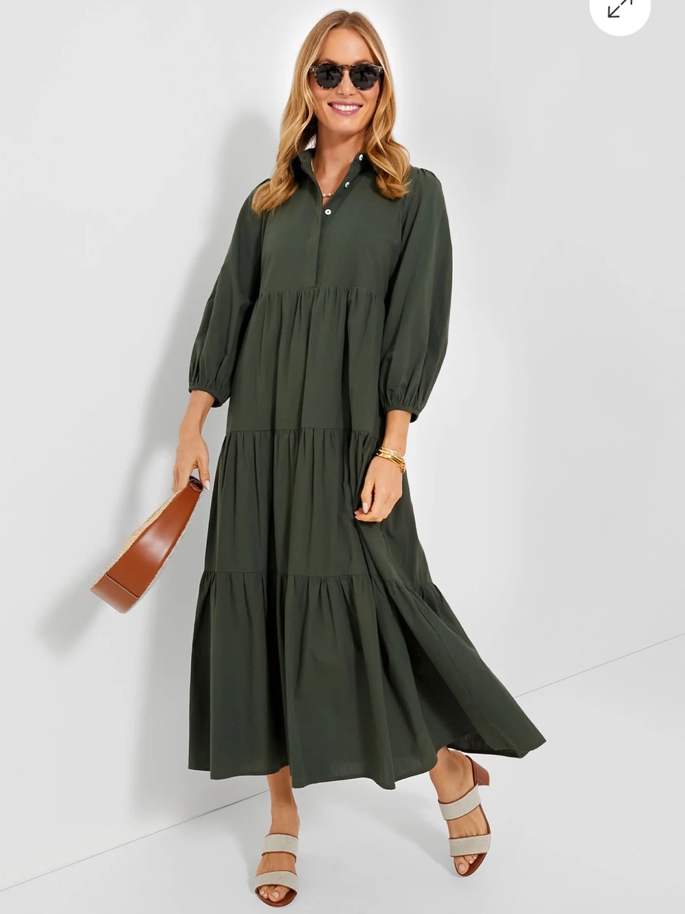 Pomander Place Dark Olive Tiered Maxi Shirt Dress
